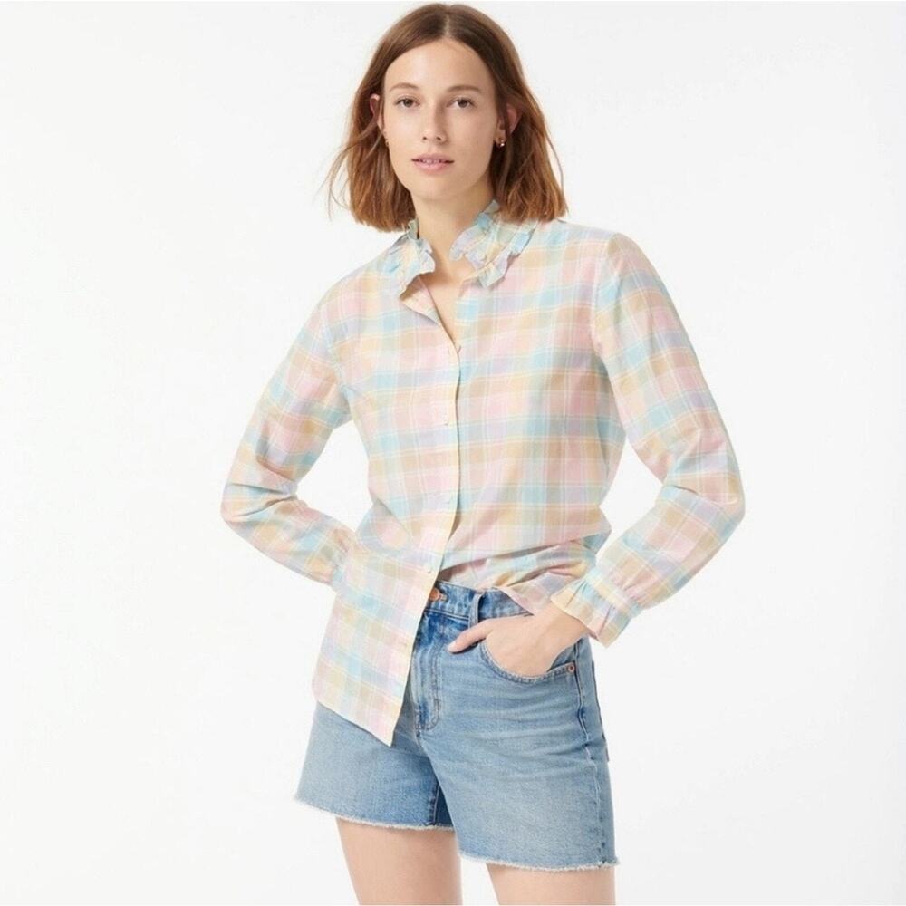 J. Crew Women’s Classic-fit Cotton-Silk Voile Ruffleneck Shirt Pastel Plaid Sz 6